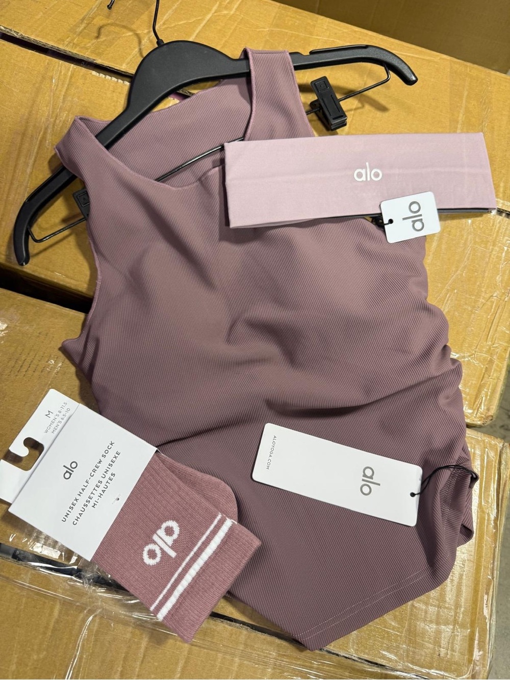 ALO Yoga Mauve Ribbed Tank with Matching Headband and Socks